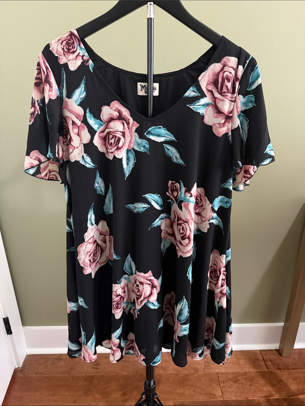Show Me Your Mumu Black Floral V-Neck Mini Dress with Pink Roses